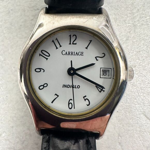 Carriage Timex Watch Womens 24mm Date Indiglo White Dial Silver Tone New Battery - Picture 4 of 11